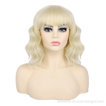 wholesale cheap bob blone color water wave wigs with bangs synthetic hair wig for women
